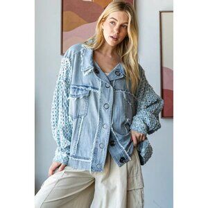 Oli & Hali Washed Contrast Sleeve Denim Button Down Jacket NWOT Size Small